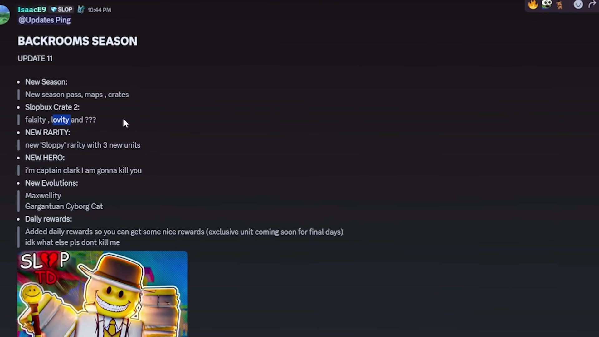 Backrooms Season update notes with season pass, crate, hero, and evolution entries.