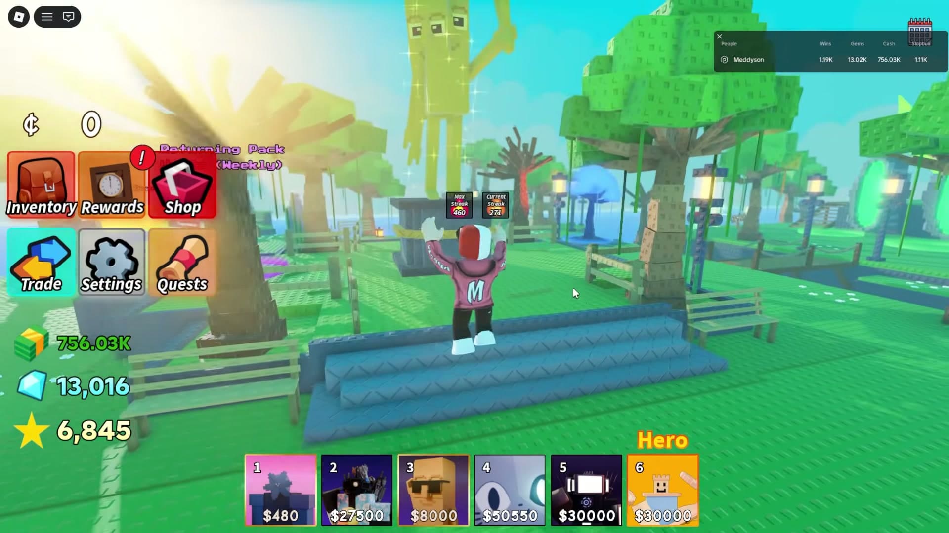 Game lobby and loadout UI with a sixth slot explicitly labeled Hero.