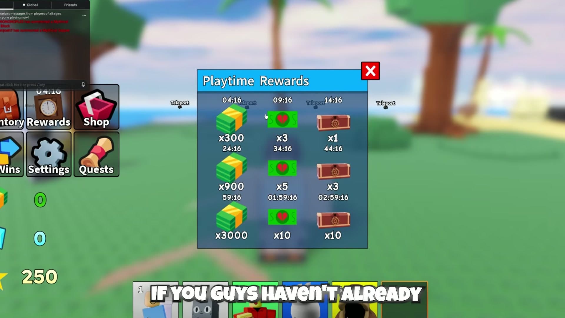 Playtime Rewards panel showing timed cash and crate rewards in a Slop Tower Defense lobby.