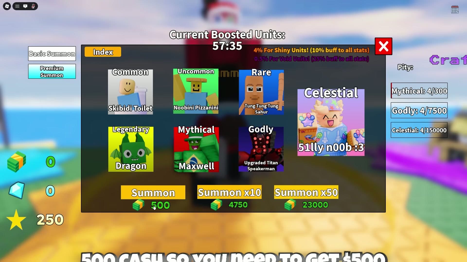 Basic Summon panel showing summon buttons, unit rarity cards, and a 500 Cash option.