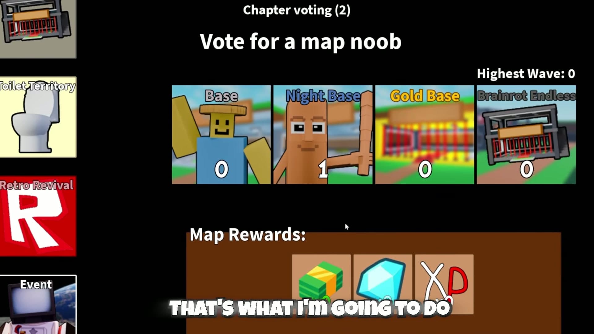Chapter voting screen showing Brainrot Bases, Night Base, and other map or mode cards.