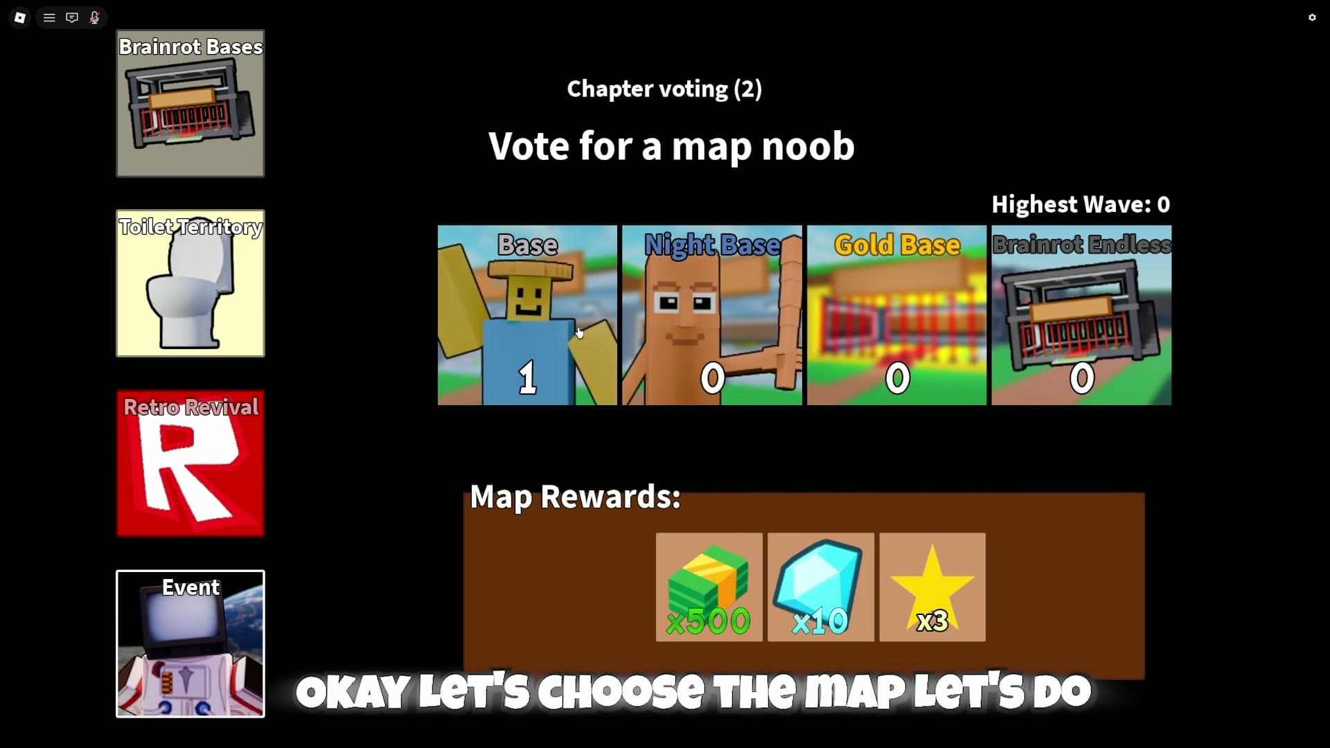 Chapter voting screen showing map cards and map rewards in a Slop Tower Defense session.